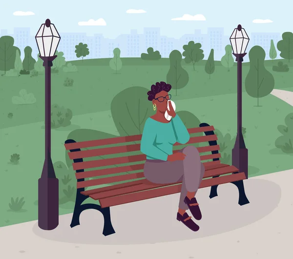 Αναστατωμένη Γυναίκα Κάθεται Στον Πάγκο Στο Πάρκο Επίπεδη Έγχρωμη Διανυσματική — Διανυσματικό Αρχείο