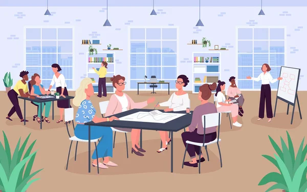 Open Office Space Illustrazione Vettoriale Colori Piatta Posto Lavoro Donne — Vettoriale Stock