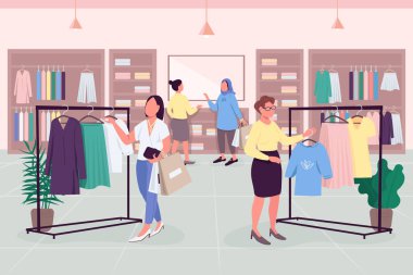 Düz renk vektör çizimi. Alışveriş alışkanlıkları. Giymeye hazır butik. Moda trendlerini takip eden 2D karikatür karakterleri arka planda kıyafet mağazası iç mimarisi