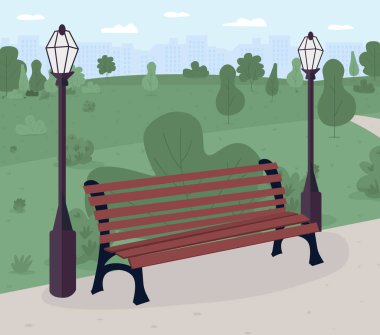 Park bankının düz renk vektör çizimi. Halka açık. Rahatlama. Park ve dinlenme alanı. Şehir manzarası. Dışarıda güneşli bir gün. Arka planda yeşil manzaralı 2B karikatür manzarası