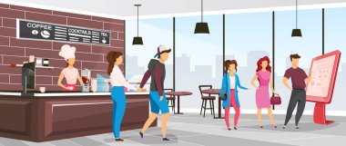 Kafeterya düz renk vektör çizimi. Kahve dükkanı müşterileri. Müşterileri ve kahvecisi olan bir restoran. Bistro 'da tezgahın yanında garson. Kafe 2D karikatür iç mimarisi arka planda karakterler