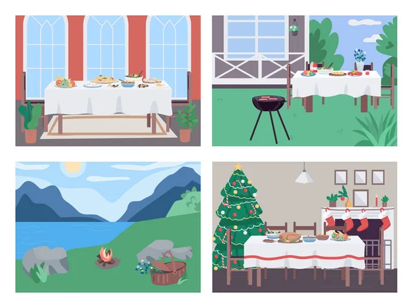 Vakantie Diner Platte Kleur Vector Illustratie Set Een Yard Bbq — Stockvector