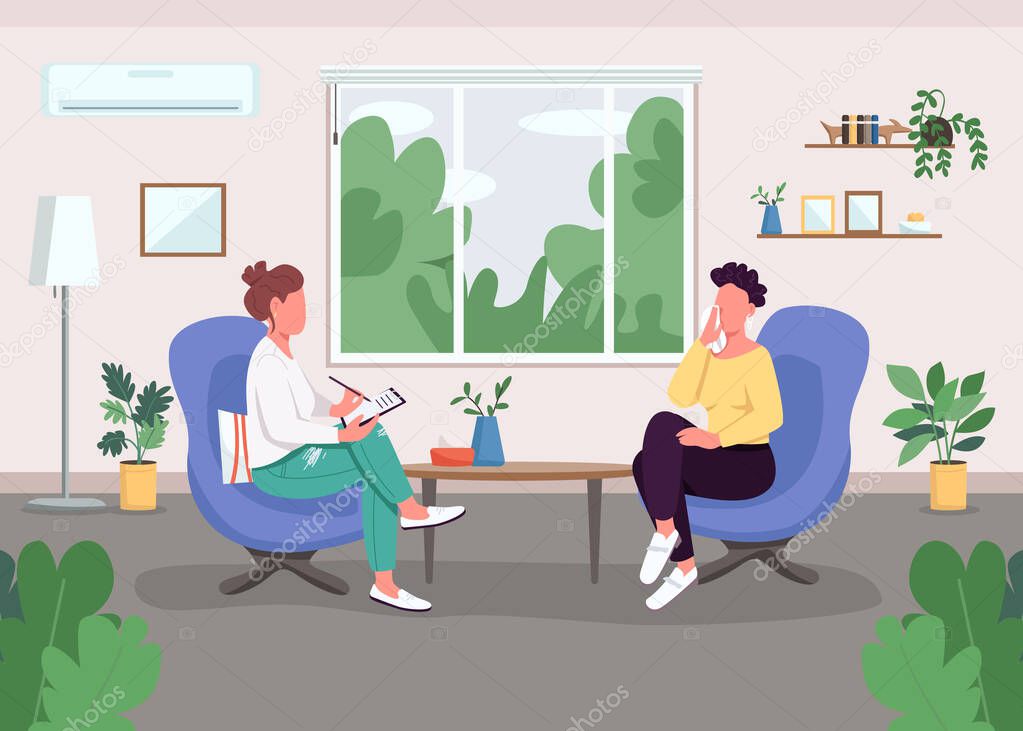 Individual session with psychologist flat color vector illustration. Mental health issues treatment. Psychological therapy. 2D cartoon faceless characters with consulting room on background
