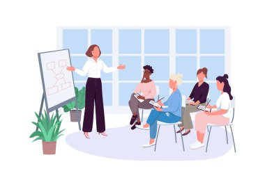 Kızlar ofisi düz renk vektörlü yüzsüz karakterlerle tanışıyor. Liderlik dersi. İş kadını, kadın meslektaşlarına web grafik tasarımı ve animasyonu için izole çizgi film çizimi sunumu yapıyor.