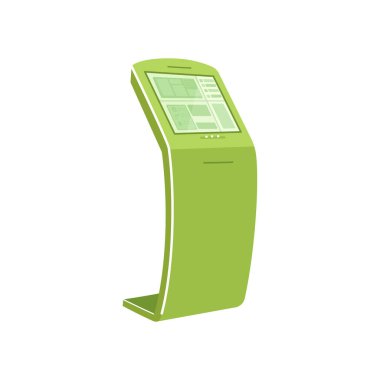 Yeşil self servis kiosk düz renk vektör nesnesi. Çıkış için etkileşimli aygıt. Satın almak için ekran paneline dokunun. Web grafik tasarımı ve animasyonu için terminal izole çizgi film çizimi