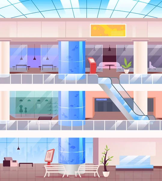 Alışveriş merkezinin içinde düz renk vektör çizimi var. Mağazaları olan modern merkez. Kapalı mekanlarda self servis büfeleri olan bir süpermarket. Arka planda depo görüntüleriyle Hipermarket 2B karikatür iç mimarisi