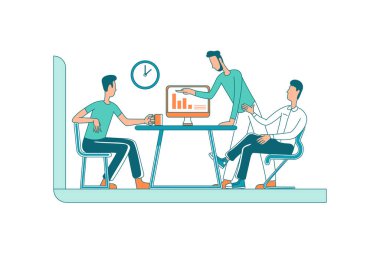 Beyin fırtınası yapan düz renk vektörlü yüzsüz karakterler. İş arkadaşlarıyla iş görüşmesi. Proje konferansı. Web grafik tasarımı ve animasyonu için izole bir çizgi film çizimi başlat