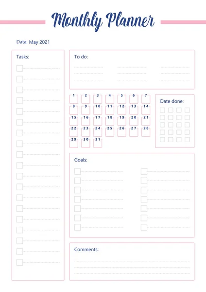Diseño Página Planificador Creativo Mensual Para Hacer Lista Verificación Calendario — Archivo Imágenes Vectoriales