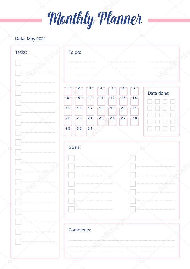 Monthly planner creative planner page design. To do checklist. Calendar with date boxes to check. Month tasks list bullet journal color sheet. Printable diary layout. Notebook vector template