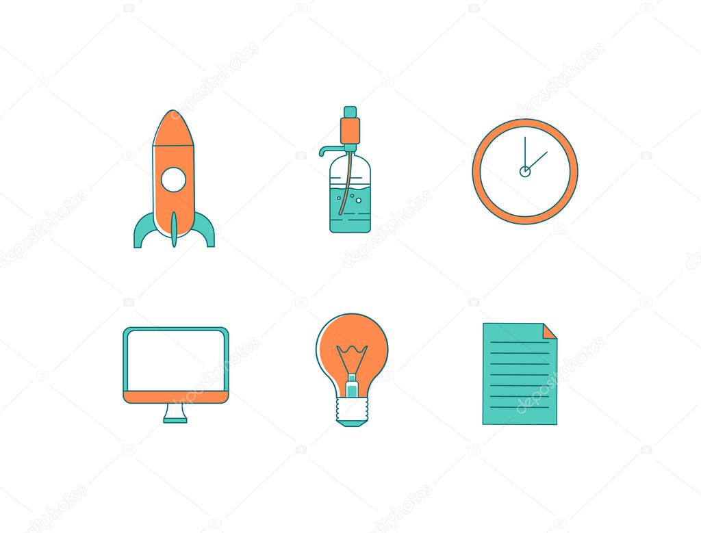 Office flat color vector object set. Rocket for startup launch. Water dispenser. Computer monitor. Company items isolated cartoon illustration for web graphic design and animation collection