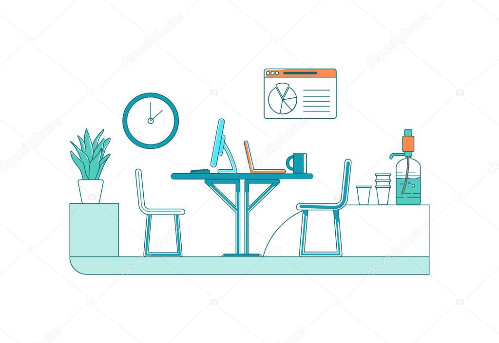 Office flat color vector scene. Desks with chairs and computers for personnel. Work place for business project. Cabinet space isolated cartoon illustration for web graphic design and animation