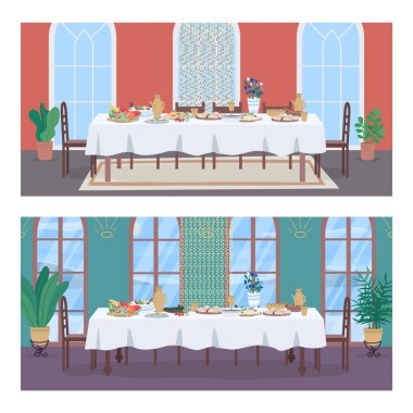 National oriental banquet flat color vector illustration set. Table with festive meal for family holiday. Indian 2D cartoon interior with traditional custom decoration on background collection clipart