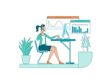 Kadın çalışan düz renk vektörü meçhul karakter. Ofis işleri. Merkez çalışanını ara. Kadın masada oturuyor. Şirket işgali web grafik tasarımı ve animasyonu için izole edilmiş çizgi film çizimi