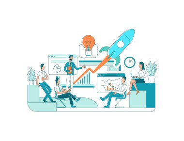 Düz konsept vektör çizimi başlat. İş başlatılıyor. Proje üzerinde takım çalışması. Finansal tabloları analiz et. Web tasarımı için profesyonel pazarlama takımı 2D çizgi film karakterleri. Girişimci yaratıcı fikir