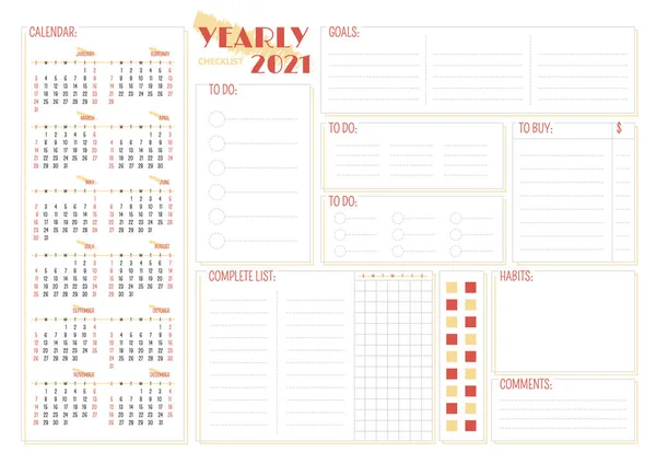 Diseño Página Planificador Creativo Lista Verificación 2021 Anual Calendario Con — Archivo Imágenes Vectoriales