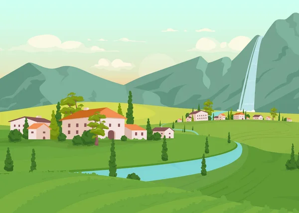 Toscana Landskap Platt Färg Vektor Illustration Flod Nära Bondgårdar Bostadshus — Stock vektor