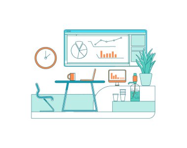 Konferans odası düz renk vektör sahnesi. Sunum çizelgeleri. Finansal şemalar. Şirket projesi üzerinde çalış. Web grafik tasarımı ve animasyonu için kabine alanı izole edilmiş çizgi film çizimi