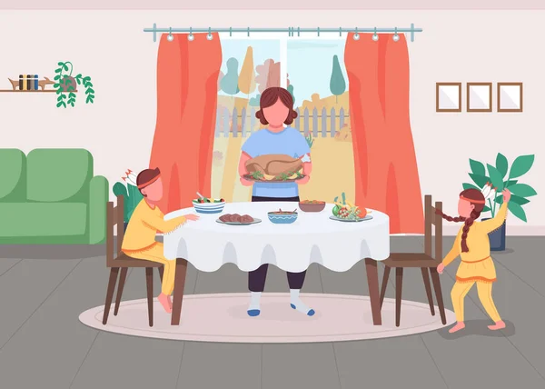 家人庆祝感恩节扁平的彩色矢量插图 妈妈提供传统的晚餐 就餐吧 带着儿子和女儿的母亲 背景上有内部的2D卡通人物 — 图库矢量图片