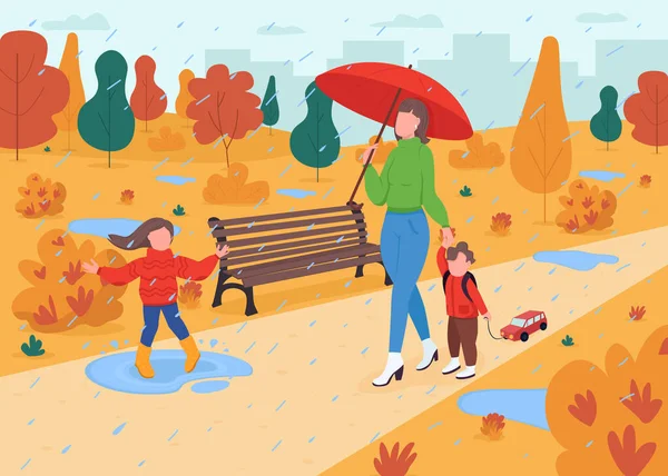 秋の公園フラットカラーベクトルイラストで家族の散歩 子供たちは水たまりで遊ぶ 公共の庭で息子と娘とお母さん 背景に風景と子供の2D漫画のキャラクターを持つ母 — ストックベクタ