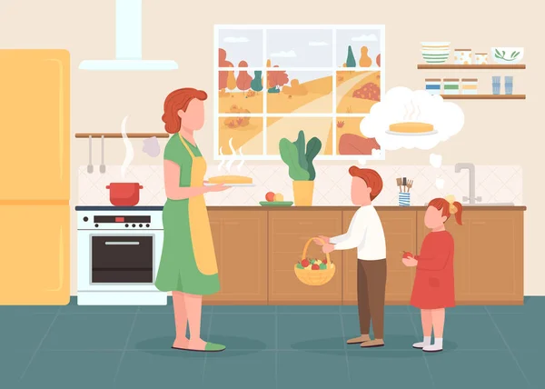季節の焼き菓子フラットカラーベクトルイラスト 母は子供にアップルパイを与える 子供は秋の果物を母親に持ってくる 背景にインテリア付きキッチン2D漫画のキャラクターの家族 — ストックベクタ
