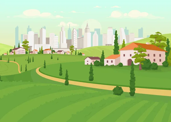 Suburban area flat color vector illustration. Countryside near city. Urban estate. Downtown scenery. Skyscrapers on horizon. Residential houses 2D cartoon landscape with skyline on background — Stock Illustration Suburban Area Flat Color Vector Illustration Countryside City Urban Estate Stock Vector