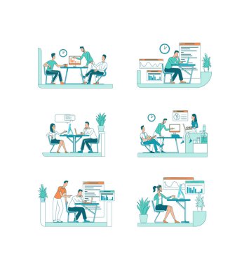 Ofis çalışanları düz renk vektörsüz karakter seti. Takım çalışması iş projesi. Şirket personeli web grafik tasarımı ve animasyon koleksiyonu için karikatür çizimlerini izole etti