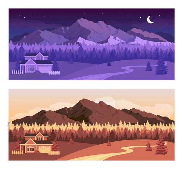 Día Noche Montañas Plana Vector Color Conjunto Ilustración Casa Residencial — Vector de stock