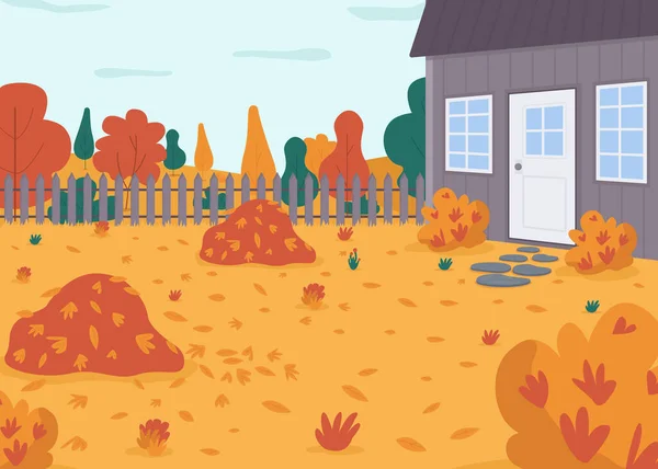 Autumnal Backyard Flat Color Vector Illustration Seasonal Piles Leaves House — Stock Vector