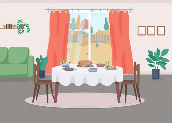 Hálaadáskor Szolgáló Lapos Színű Vektor Illusztráció Asztal Hagyományos Vacsorával Őszi — Stock Vector