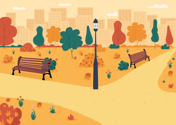 秋の公園側のフラットカラーベクトルイラストを歩く 花と芝生の近くの道路 市内の季節の天気 道路近くのベンチ 背景にスカイラインと秋の庭の2D漫画の風景 — ストックベクタ