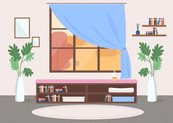 Chambre Confortable Illustration Vectorielle Couleur Plate Décoration Rideau Maison Meublée — Image vectorielle