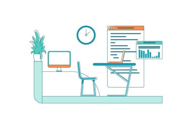 Ofisteki düz renk vektör sahnesinde masa. Mobilyalı işyeri. Bilgi dolu bir panel. Yönetici mesleği. Web grafik tasarımı ve animasyonu için kabine alanı izole edilmiş çizgi film çizimi