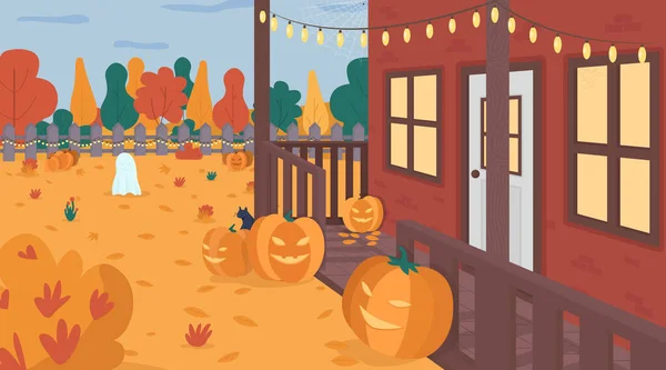 Illustration Vectorielle Couleur Plate Cour Décorée Halloween Citrouilles Saisonnières Effrayantes — Image vectorielle