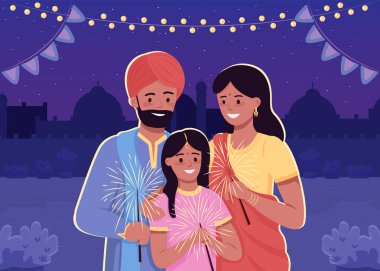 Mutlu Hint ailesi düz renk vektör çizimi. Geleneksel Hindu bayramı kutlaması. Ulusal giysili çocuklu aileler. Arkaplanda şehir manzarası olan akrabalar 2D çizgi film karakterleri