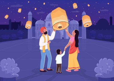 Hint feneri festivali düz renk vektör çizimi. Işıklı ebeveyn ve çocuk. Diwali kutlaması. Geleneksel Hindu tatili. Arka planda gece vakti şehir manzarası olan 2D çizgi film karakterleri