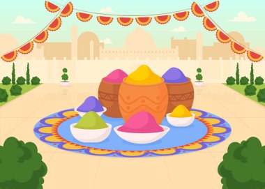 Holi festivali için boyalar düz renk vektör çizimi. Şehir meydanında renkli toz kovaları var. Dini ritüel. Boyalı teneke kutular. Arka planda manzaralı Hint 2D karikatürü