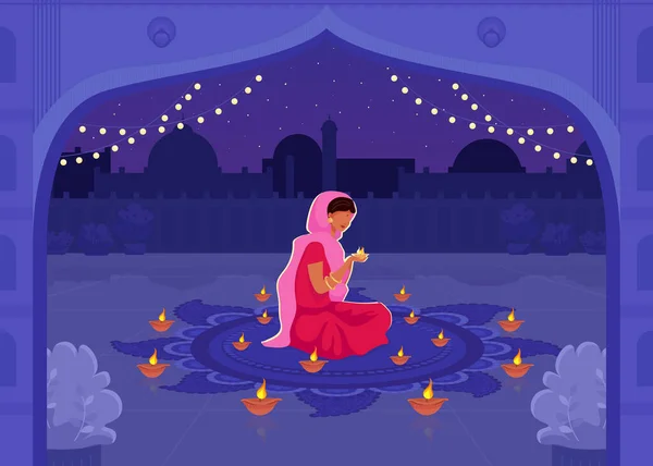 莎丽中的女人祈祷扁平的颜色矢量插图 Diwali节与Diya蜡烛 传统的印度教节日祷告 背景为城市景观的印度女性2D卡通人物 — 图库矢量图片