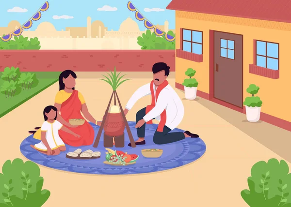 Hindu Holiday Dinner Flat Color Vector Illustration Traditional Festivity India — Stock Vector
