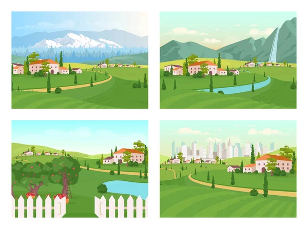 Tuscany scenery flat color vector illustration set. Farmland house. Suburban area near city. Path to mountains near village. Countryside 2D cartoon landscape with nature on background collection — Stock Illustration Tuscany Scenery Flat Color Vector Illustration Set Farmland House Suburban Stock Illustration