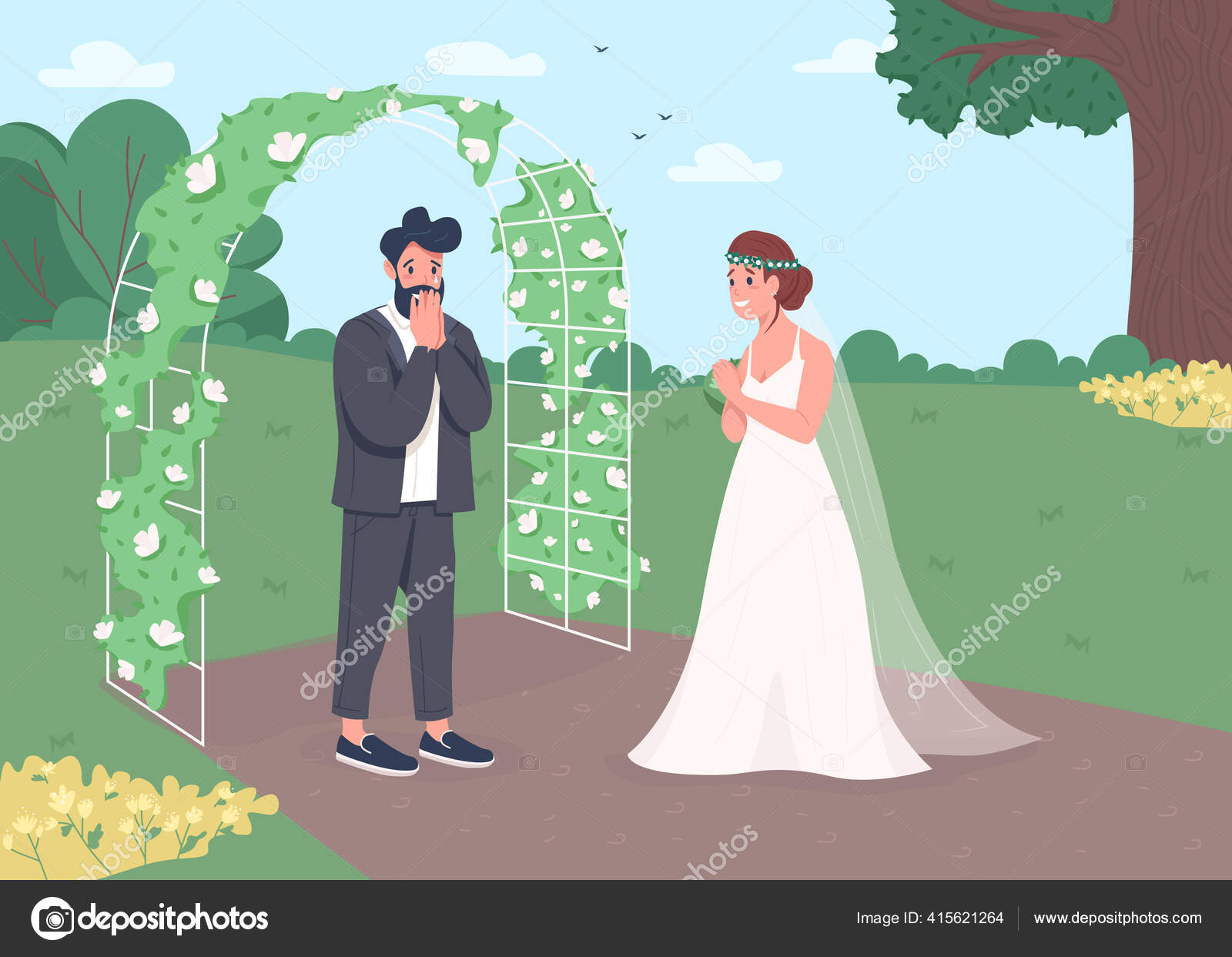 婚約式フラットカラーベクトルイラスト 結婚式のレセプション 結婚式のための花のアーチ 驚いて新郎と幸せな花嫁背景に風景と2d漫画のキャラクター ストックベクター C Ntlstudio 婚約式フラットカラーベクトルイラスト 結婚式のレセプション 結婚式のための花のアーチ 驚いて新郎と幸せな花嫁背景に風景と2d漫画のキャラクター ストックベクター C Ntlstudio