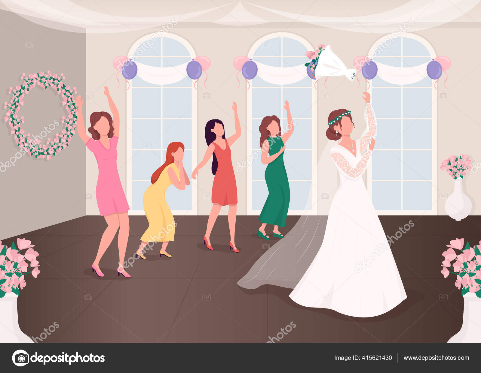 Bouquet Throwing Tradition Flat Color Vector Illustration Wedding Reception  Ceremonial Stock Vector by ©TheImg 415621430
