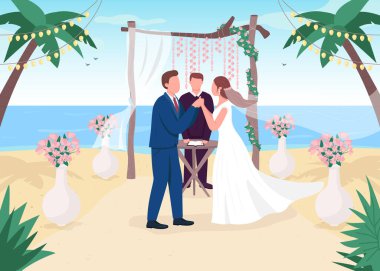 Tropik düğün töreni düz renk vektör çizimi. Romantik mekan. Deniz sahilinde seremoni hizmeti. Gelin ve damat, arka planda manzarası olan 2D karikatür karakterleriyle.