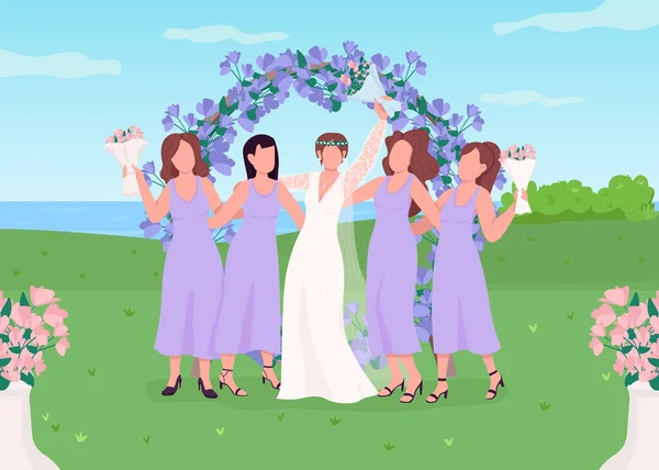 Bride Dengan Bridesmaids Gambar Vektor Warna Datar Perayaan Pernikahan Floral - Stok Vektor