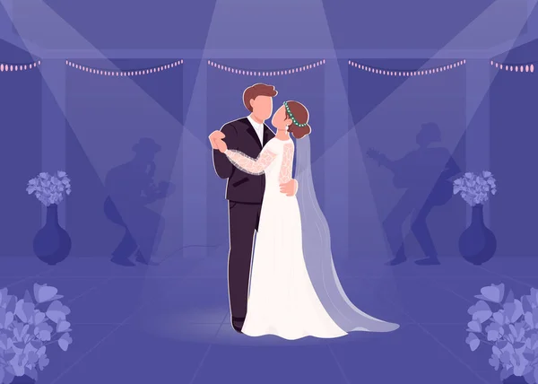Prima Sposa Sposo Danza Piatta Illustrazione Vettoriale Colori Festa Nozze — Vettoriale Stock