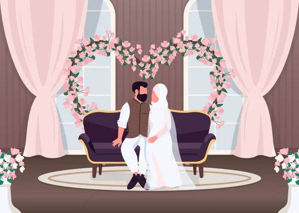 Islam Newlyweds Flat Color Vector Illustration Bride Groom Sofa Wife — Stock Vector