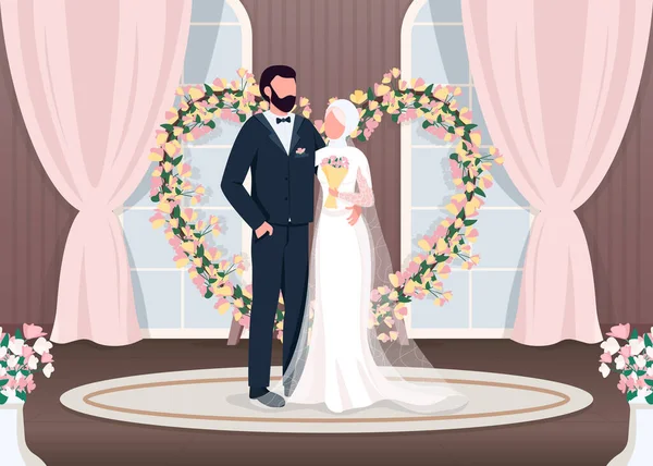 Musulmanes Recién Casados Plana Ilustración Vectorial Color Novia Novio Cerca — Vector de stock