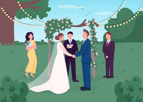 Vidéki Esküvő Szertartás Lapos Színű Vektor Illusztráció Házassági Ünnepség Virágboltív — Stock Vector