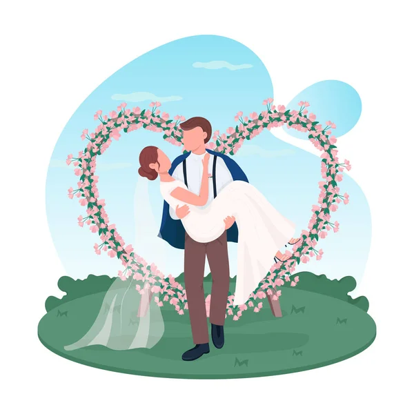 新婚カップル2DベクトルWebバナー ポスター 新郎新婦を保持します 結婚式だ 漫画の背景に夫と妻のフラット文字 結婚式印刷可能なパッチ カラフルなウェブ要素 — ストックベクタ
