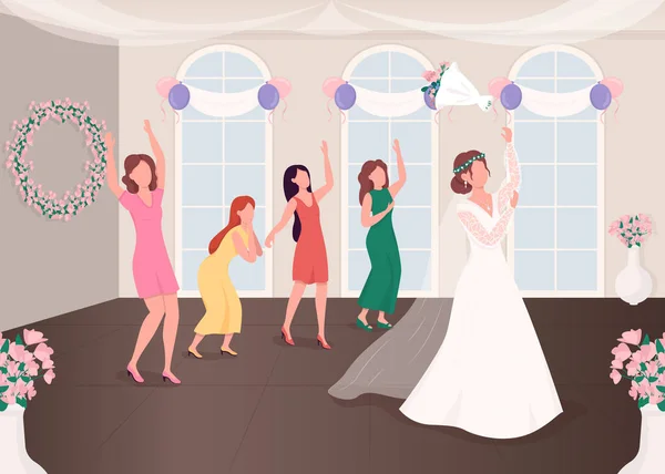 Bouquet Werfen Tradition Flache Farbvektor Illustration Hochzeitsessen Feierliche Veranstaltung Feierabend — Stockvektor