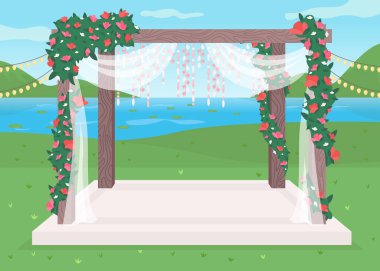 Lüks açık hava düğün yeri düz renk vektör çizimi. Kutlama partisi için gösterişli çiçek kemeri. Evlilik töreni dekorasyonu. Arka planda gölet olan 2D karikatür manzarası.
